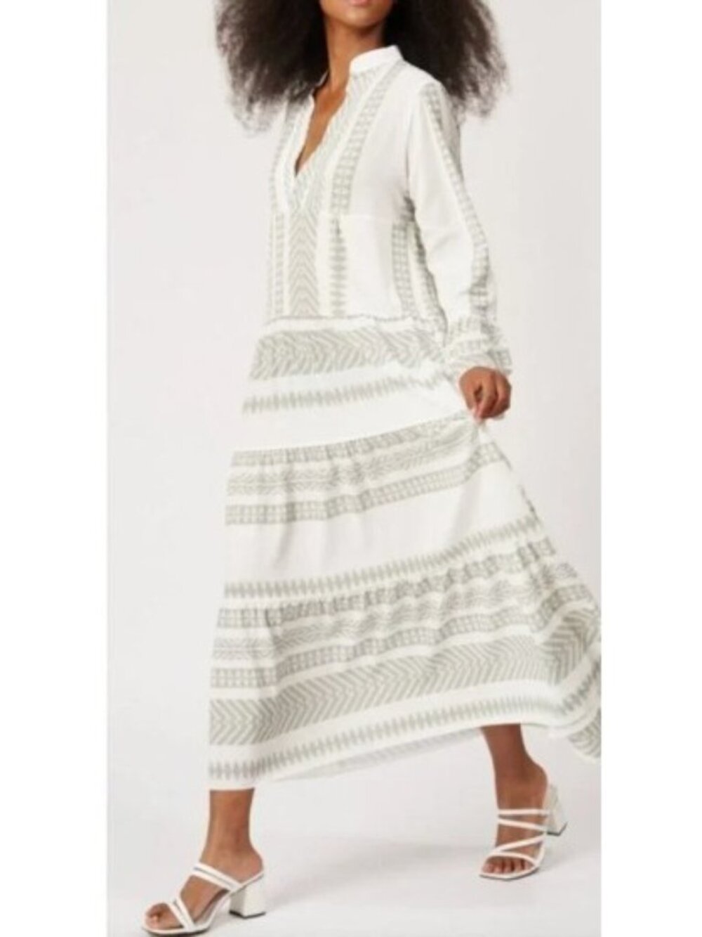 Silk & Salt Boho V Neck Aztec Long Ruffle Sleeve Dress Sage Taupe Ivory Size XXL